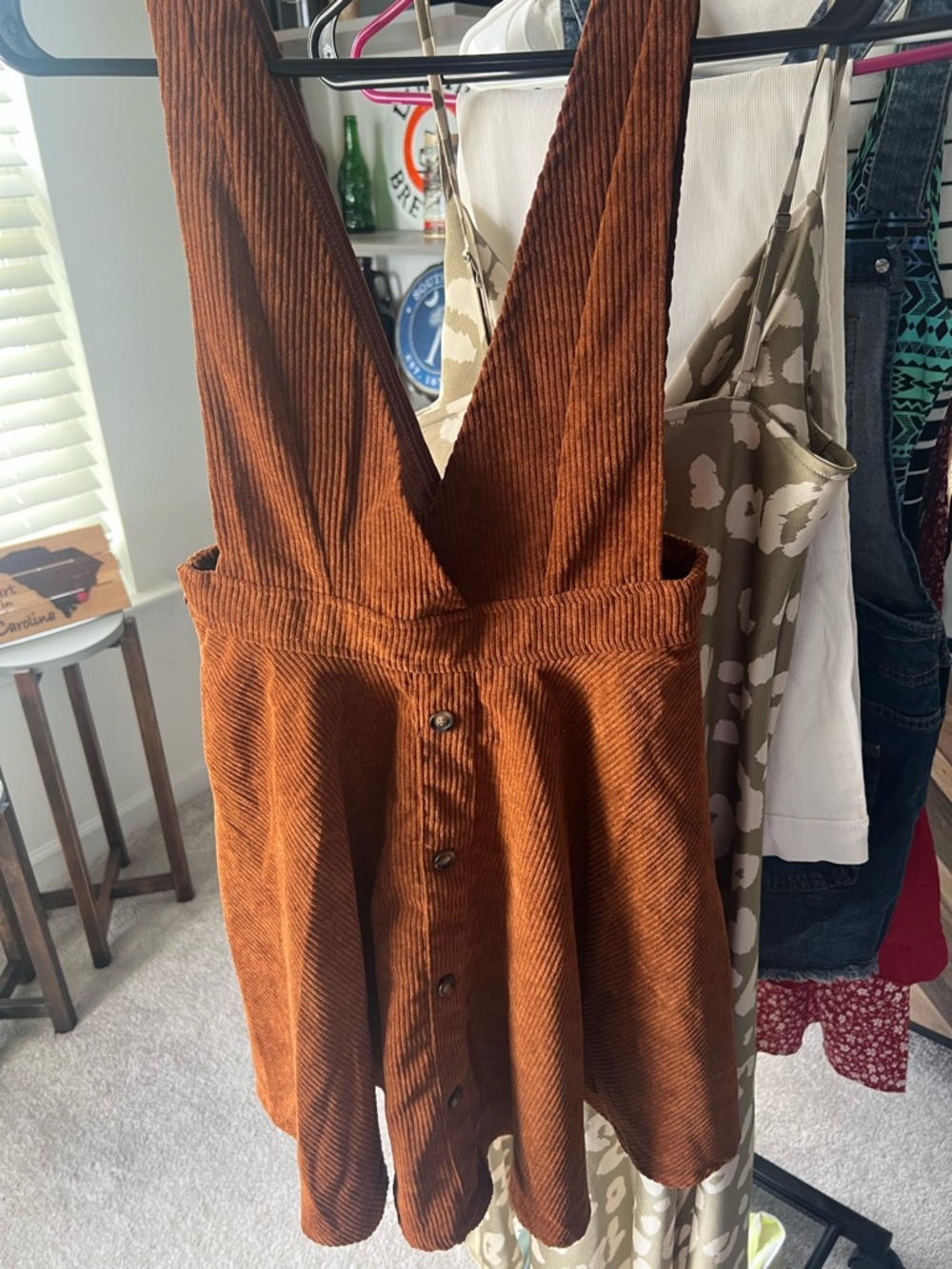 Rust Brown Corduroy Button-Front Pinafore Dress